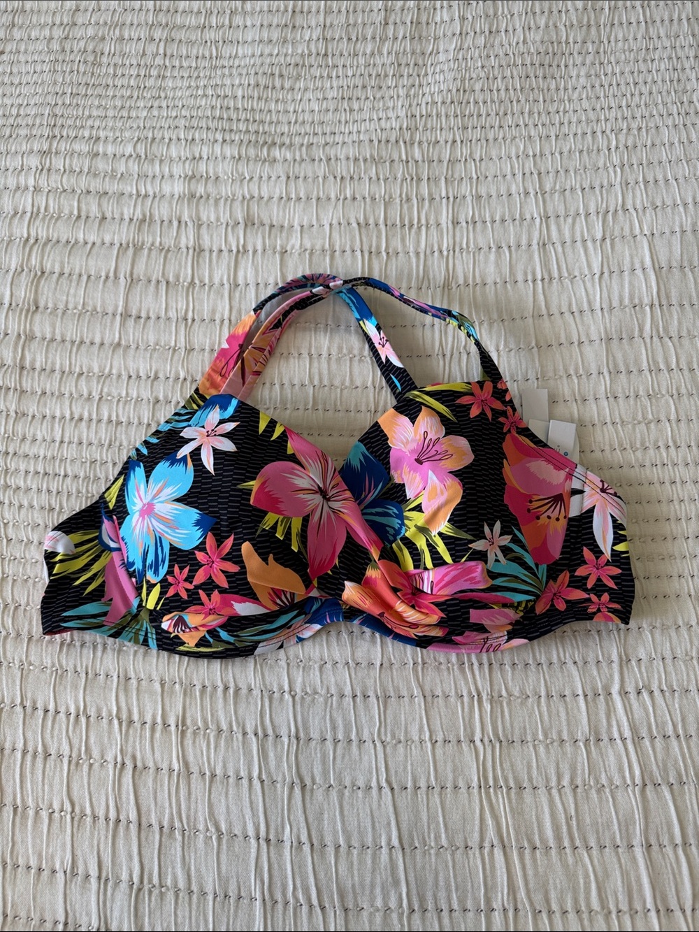 Bleu Rod Beattie Black Floral Halter Bikini Top with Pink, Blue & Yellow Flowers